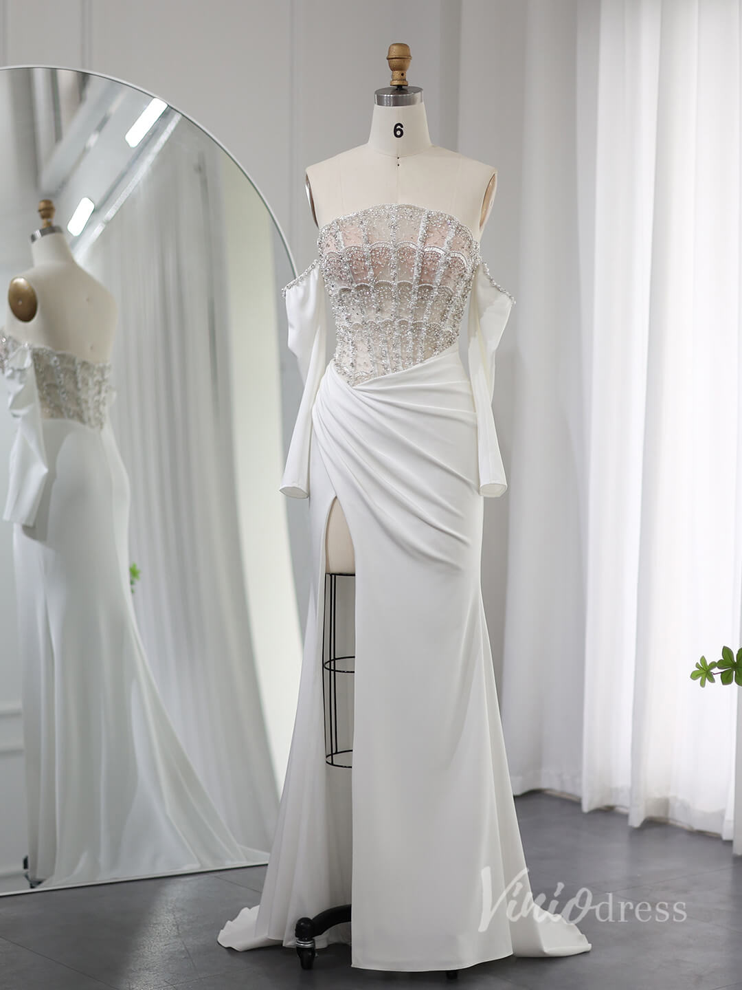 Ivory Beaded Mermaid Prom Dresses with Slit Off the Shoulder Pageant Dress AD1188-Evening Dresses 2025 -Viniodress-Ivory-US 2-