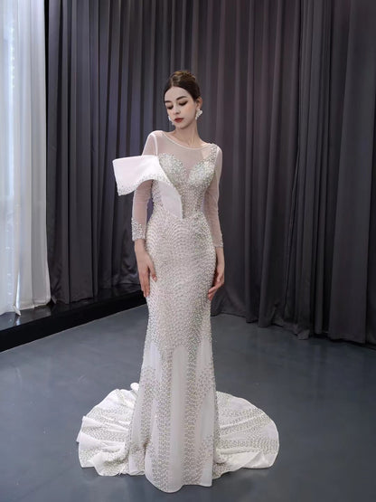 Ivory Beaded Mermaid Wedding Dresses Boat Neck Long Sleeve Pageant Dress 241001-wedding dresses 2025 -Viniodress-Ivory-Custom Size-