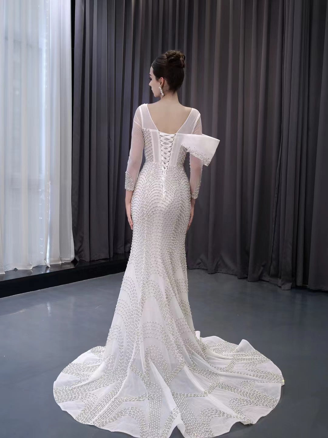 Ivory Beaded Mermaid Wedding Dresses Boat Neck Long Sleeve Pageant Dress 241001-wedding dresses 2025 -Viniodress-Ivory-Custom Size-