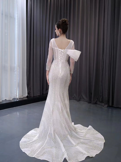 Ivory Beaded Mermaid Wedding Dresses Boat Neck Long Sleeve Pageant Dress 241001-wedding dresses 2025 -Viniodress-Ivory-Custom Size-