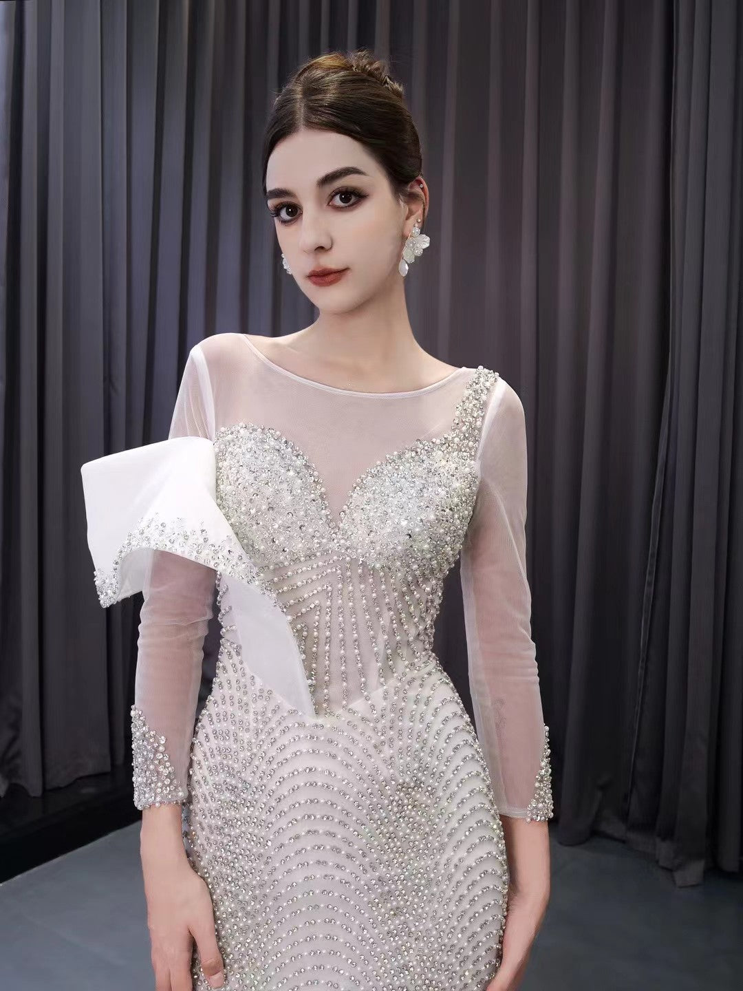 Ivory Beaded Mermaid Wedding Dresses Boat Neck Long Sleeve Pageant Dress 241001-wedding dresses 2025 -Viniodress-Ivory-Custom Size-