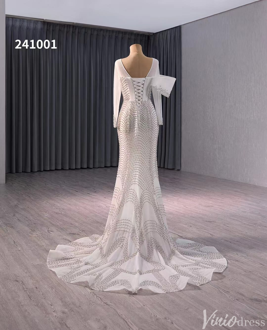 Ivory Beaded Mermaid Wedding Dresses Boat Neck Long Sleeve Pageant Dress 241001-wedding dresses 2025 -Viniodress-Ivory-Custom Size-