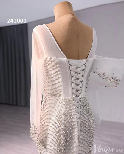 Ivory Beaded Mermaid Wedding Dresses Boat Neck Long Sleeve Pageant Dress 241001-wedding dresses 2025 -Viniodress-Ivory-Custom Size-