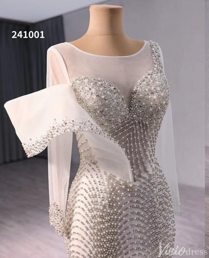 Ivory Beaded Mermaid Wedding Dresses Boat Neck Long Sleeve Pageant Dress 241001-wedding dresses 2025 -Viniodress-Ivory-Custom Size-