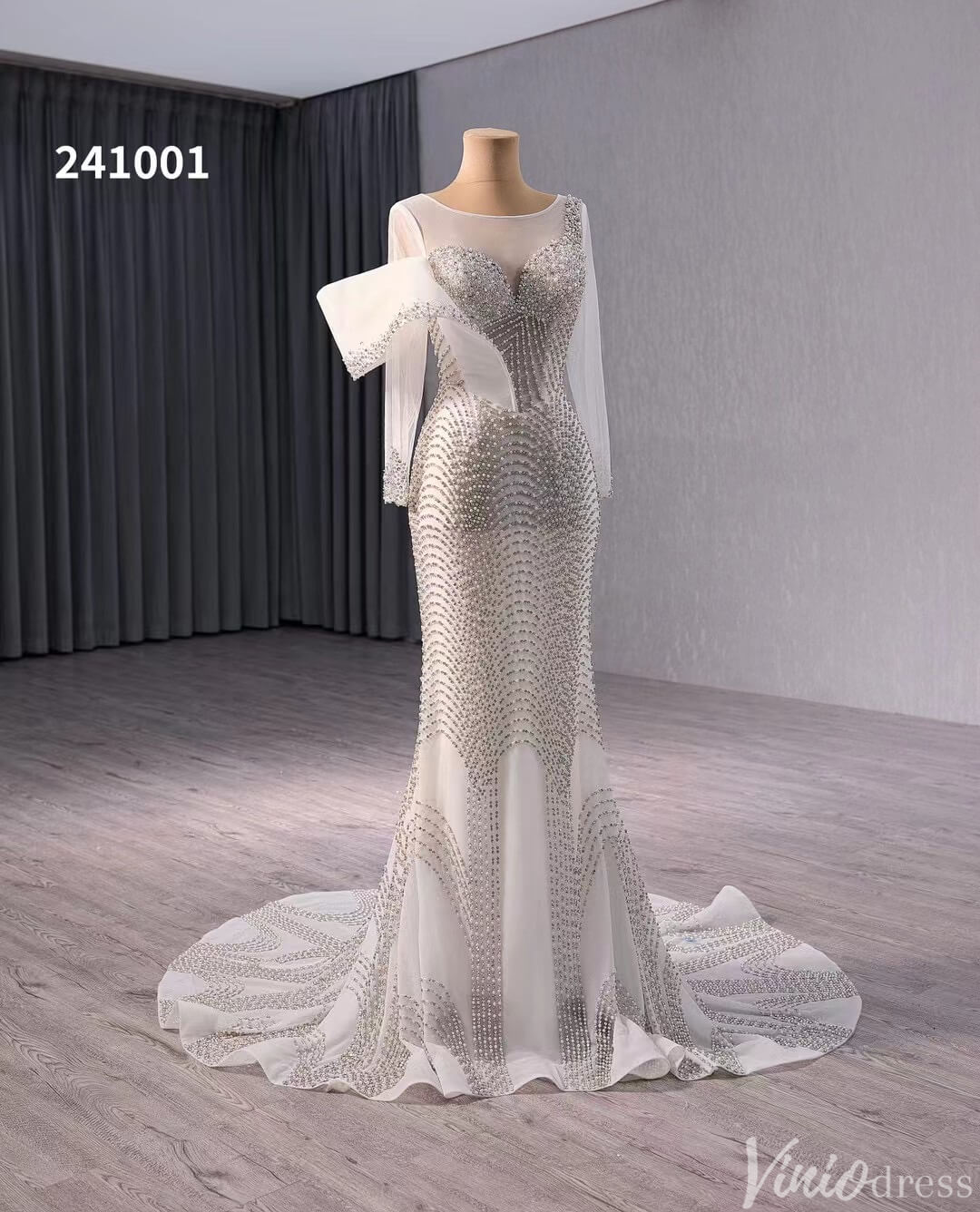 Ivory Beaded Mermaid Wedding Dresses Boat Neck Long Sleeve Pageant Dress 241001 - Viniodresswedding dressesIvoryCustom Size - Formal Dresses - Ball Gowns