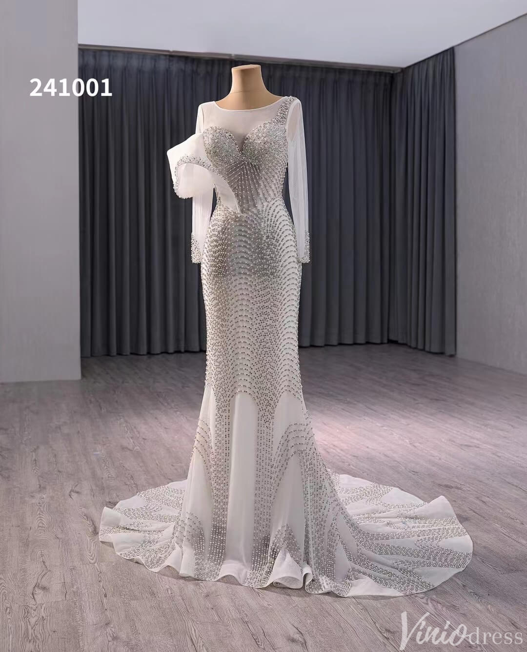 Ivory Beaded Mermaid Wedding Dresses Boat Neck Long Sleeve Pageant Dress 241001 - Viniodresswedding dressesIvoryCustom Size - Formal Dresses - Ball Gowns