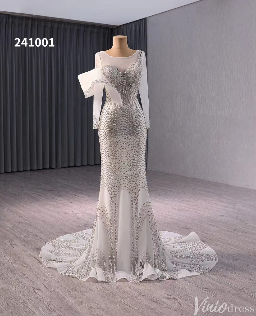 Ivory Beaded Mermaid Wedding Dresses Boat Neck Long Sleeve Pageant Dress 241001-wedding dresses-Viniodress-Ivory-Custom Size-Viniodress