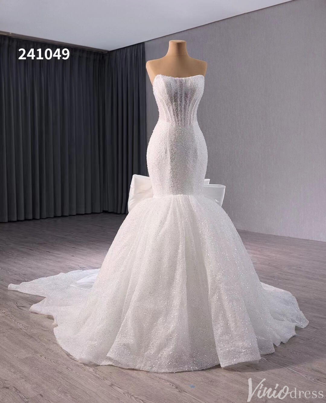 Ivory Beaded Mermaid Wedding Gown Bow-Tie Strapless Bridal Dress 241049-wedding dresses 2025 -Viniodress-Ivory-Custom Size-