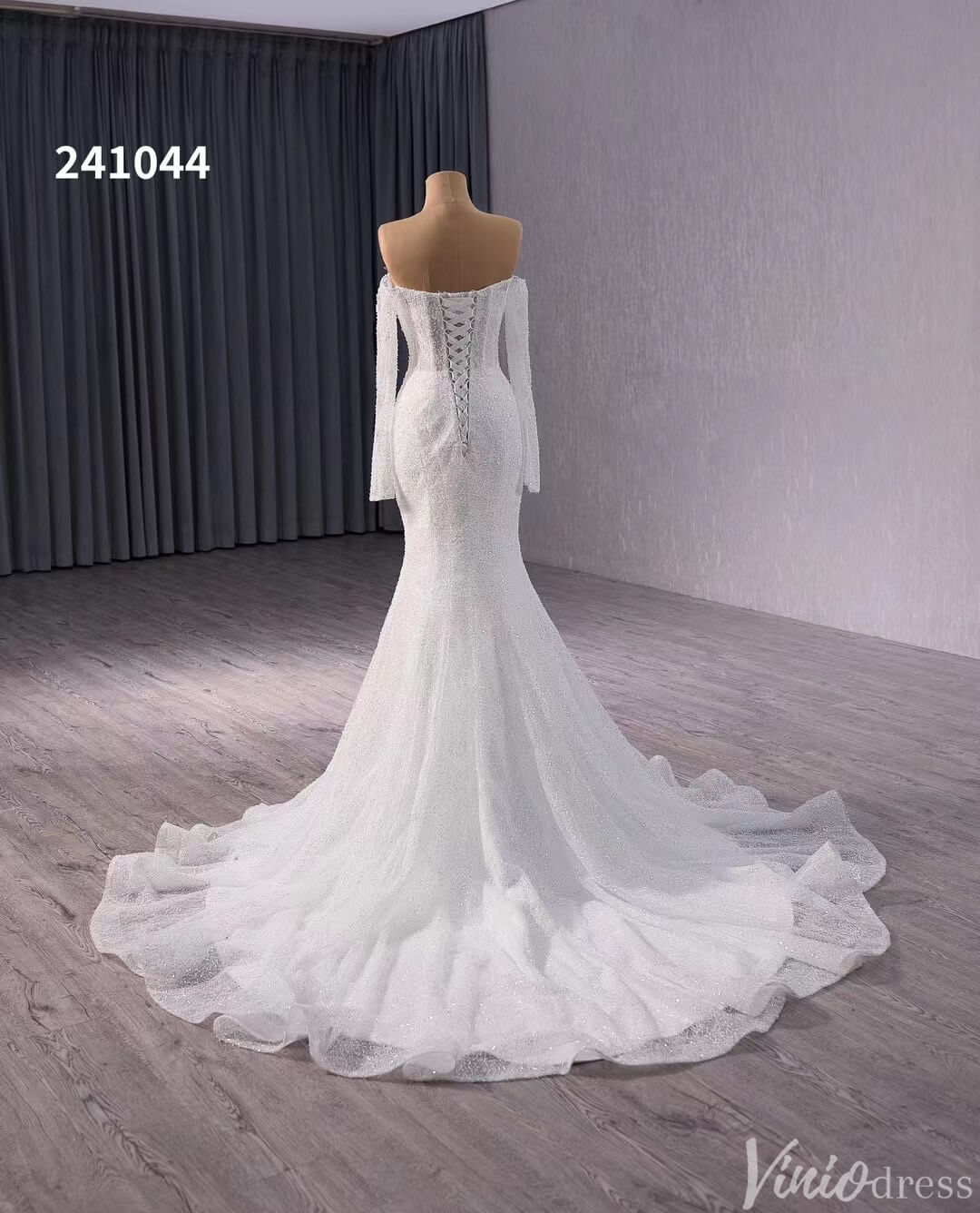 Ivory Beaded Mermaid Wedding Gown Sheer Off the Shoulder Bridal Dress 241044-wedding dresses 2025 -Viniodress-Ivory-Custom Size-