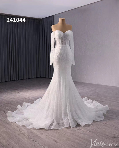 Ivory Beaded Mermaid Wedding Gown Sheer Off the Shoulder Bridal Dress 241044-wedding dresses 2025 -Viniodress-Ivory-Custom Size-