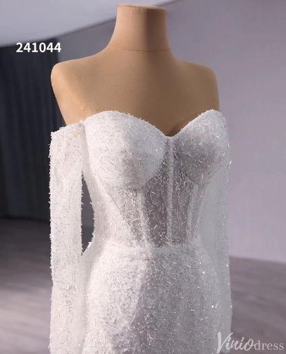 Ivory Beaded Mermaid Wedding Gown Sheer Off the Shoulder Bridal Dress 241044-wedding dresses 2025 -Viniodress-Ivory-Custom Size-