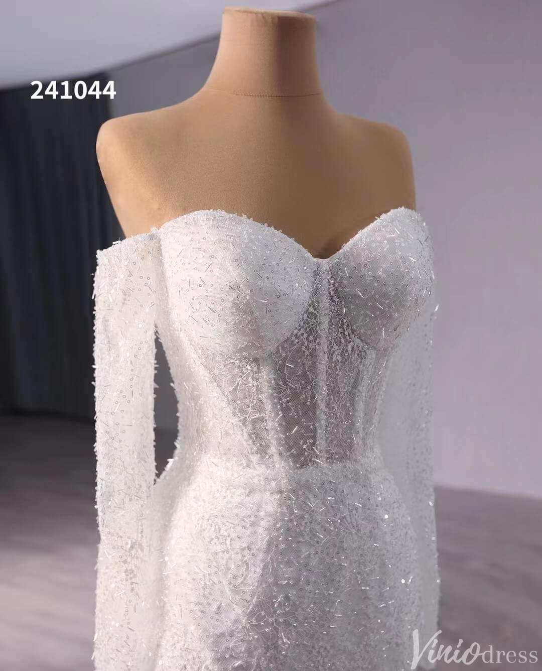 Ivory Beaded Mermaid Wedding Gown Sheer Off the Shoulder Bridal Dress 241044-wedding dresses 2025 -Viniodress-Ivory-Custom Size-