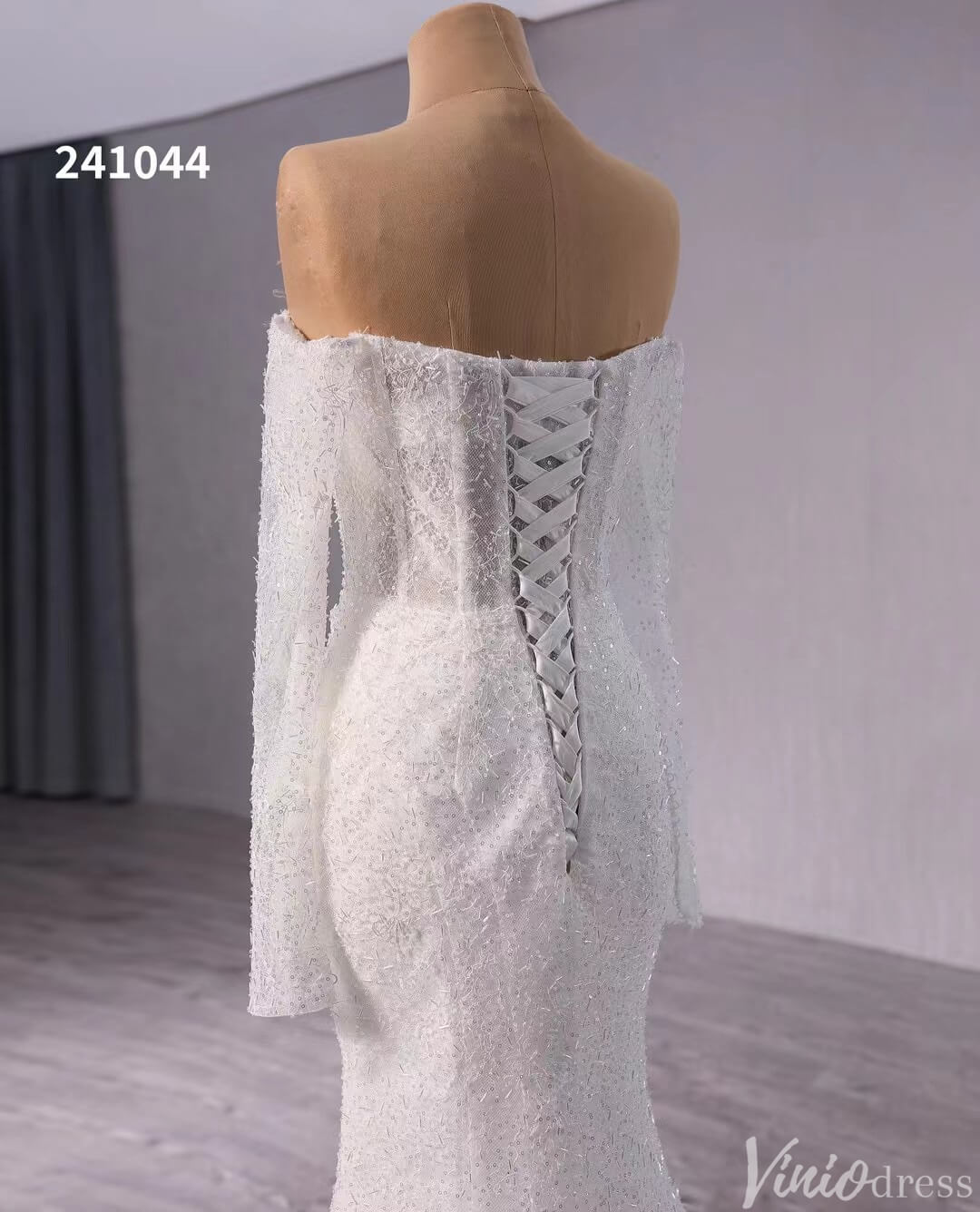 Ivory Beaded Mermaid Wedding Gown Sheer Off the Shoulder Bridal Dress 241044-wedding dresses 2025 -Viniodress-Ivory-Custom Size-