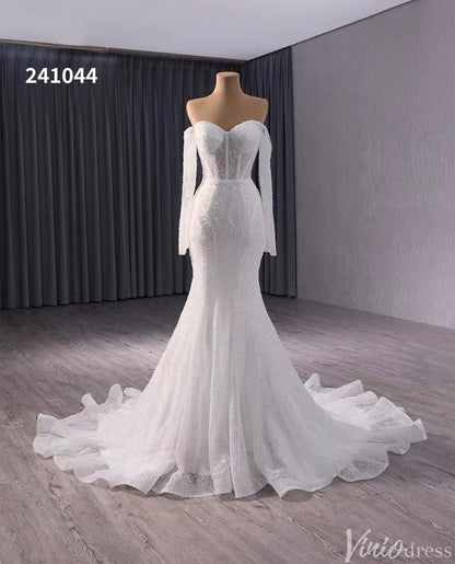 Ivory Beaded Mermaid Wedding Gown Sheer Off the Shoulder Bridal Dress 241044-wedding dresses 2025 -Viniodress-Ivory-Custom Size-