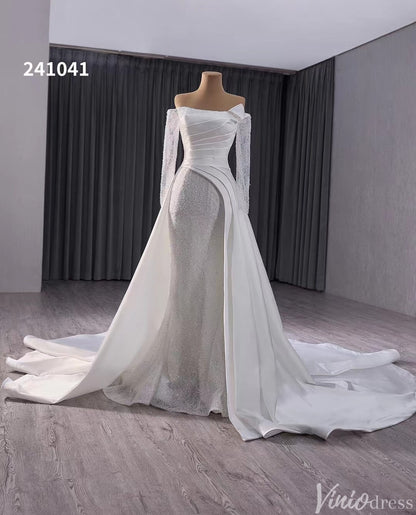 Ivory Beaded Mermaid Wedding Gown with Overskirt Off the Shoulder Bridal Dress 241041-wedding dresses 2025 -Viniodress-Ivory-Custom Size-