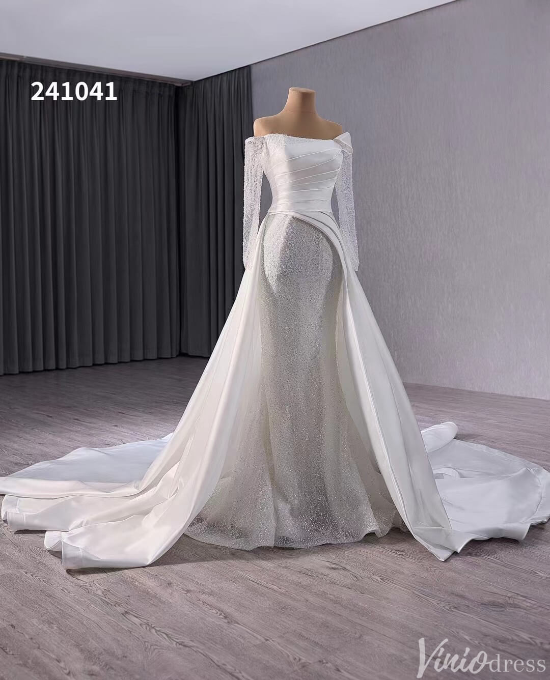 Ivory Beaded Mermaid Wedding Gown with Overskirt Off the Shoulder Bridal Dress 241041-wedding dresses 2025 -Viniodress-Ivory-Custom Size-