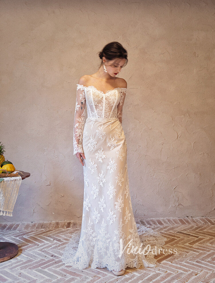 Ivory Bohemian Lace Long Sleeve Wedding Dresses Off the Shoulder Bridal Dress VW2201-wedding dresses-Viniodress-Ivory-Custom Size-Viniodress