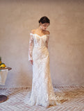 Ivory Bohemian Lace Long Sleeve Wedding Dresses Off the Shoulder Bridal Dress VW2201