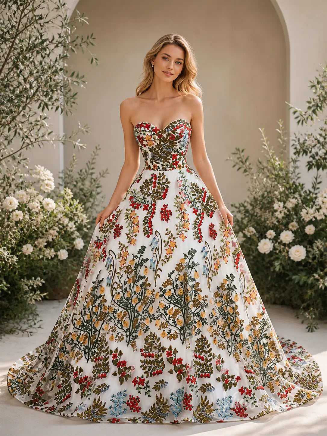 Ivory Botanical Floral Embroidered Ball Gown Wedding Dress with Strapless Sweetheart Neckline & Corset Back - FW270-wedding dresses 2026-Viniodress-Ivory-Custom Size – Add Measurements in Cart-