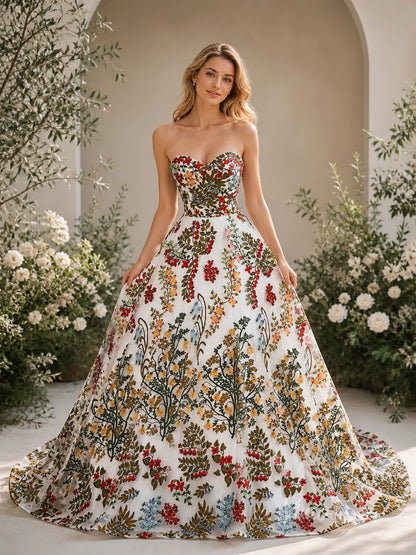 Ivory Botanical Floral Embroidered Ball Gown Wedding Dress with Strapless Sweetheart Neckline & Corset Back - FW270-wedding dresses 2026-Viniodress-Ivory-Custom Size – Add Measurements in Cart-