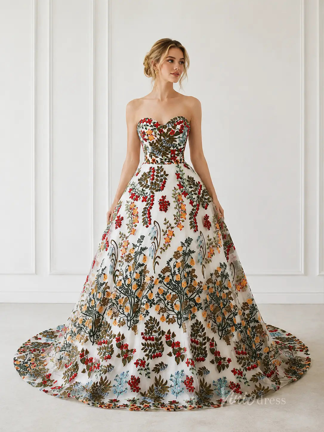 Ivory Botanical Floral Embroidered Ball Gown Wedding Dress with Strapless Sweetheart Neckline & Corset Back - FW270-wedding dresses 2026-Viniodress-Ivory-Custom Size – Add Measurements in Cart-