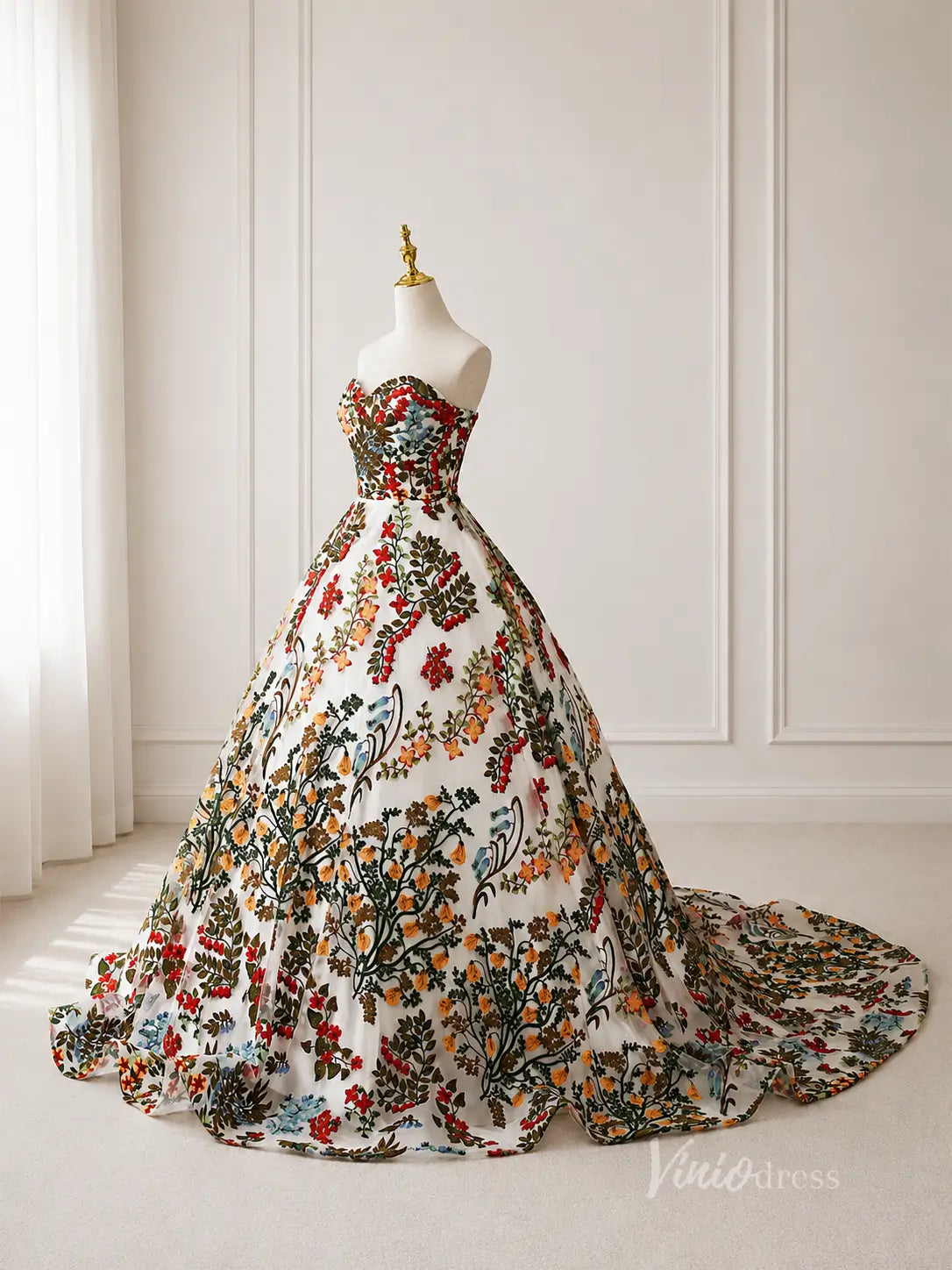 Ivory Botanical Floral Embroidered Ball Gown Wedding Dress with Strapless Sweetheart Neckline & Corset Back - FW270-wedding dresses 2026-Viniodress-Ivory-Custom Size – Add Measurements in Cart-