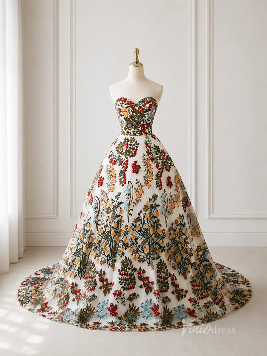 Ivory Botanical Floral Embroidered Ball Gown Wedding Dress with Strapless Sweetheart Neckline & Corset Back - FW270-wedding dresses 2026-Viniodress-Ivory-Custom Size – Add Measurements in Cart-