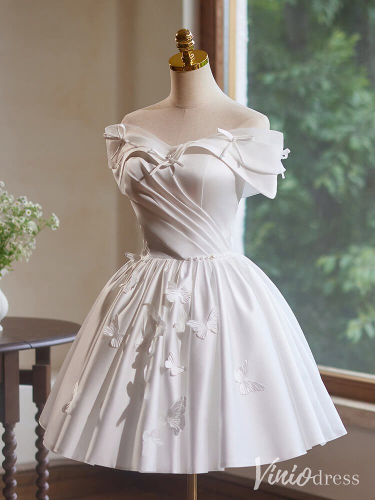 Ivory Butterfly Satin Homecoming Dresses Off the Shoulder Graduation Dress BJ052-prom dresses 2025 -Viniodress-Ivory-Custom Size-