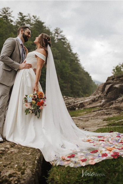 Ivory Cathedral Wedding Veil with Colorful 3D Floral Appliqué Hem, Romantic Bridal Veil – VV001-Accessories 2026-Viniodress-Ivory-