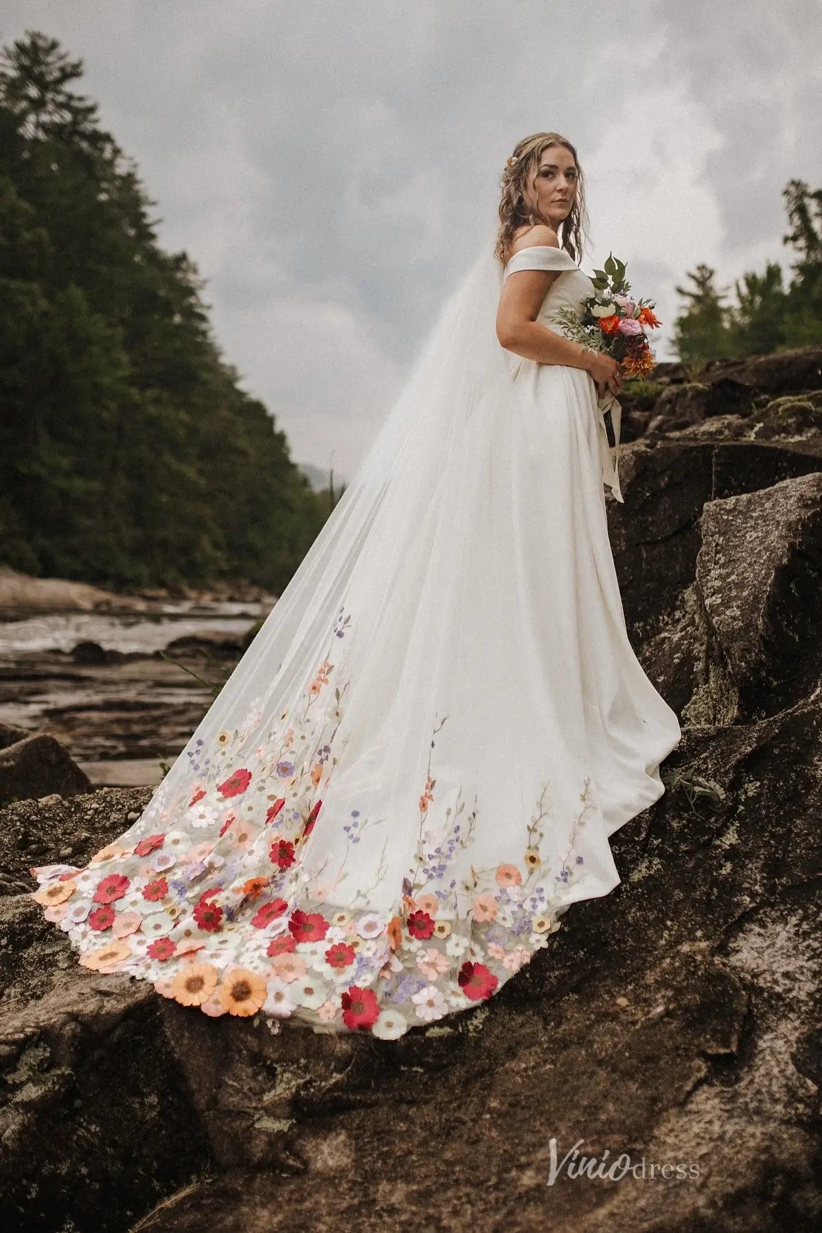 Ivory Cathedral Wedding Veil with Colorful 3D Floral Appliqué Hem, Romantic Bridal Veil – VV001