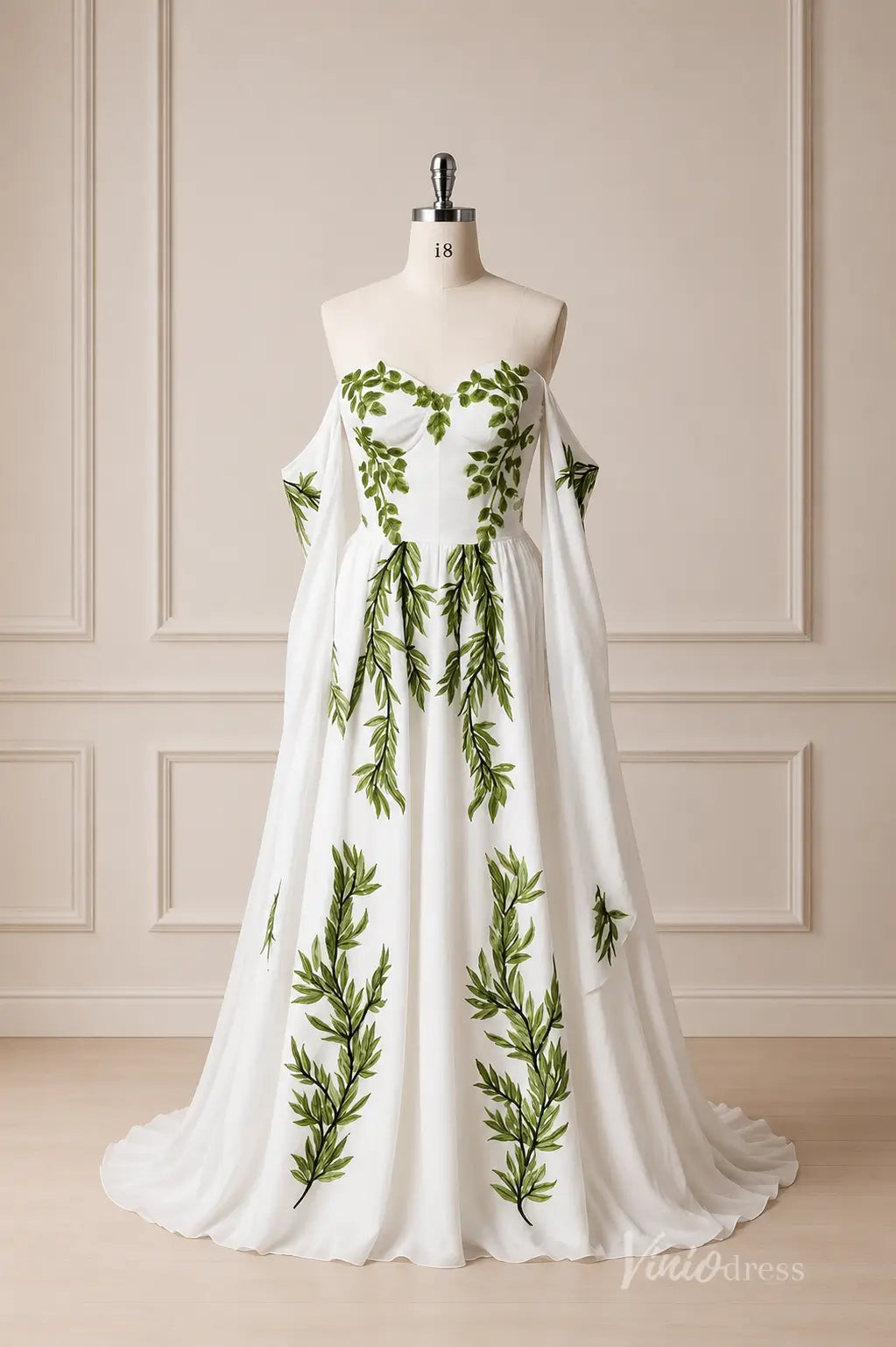 Ivory Chiffon Wedding Dress with Green Leaf Appliqués, Draped Off-Shoulder Sleeves & Sweetheart Neckline – FW283-wedding dresses 2026-Viniodress-Meadow Green-Custom Size – Add Measurements in Cart-