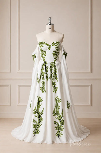 Ivory Chiffon Wedding Dress with Green Leaf Appliqués, Draped Off-Shoulder Sleeves & Sweetheart Neckline – FW283-wedding dresses 2026-Viniodress-Meadow Green-Custom Size – Add Measurements in Cart-