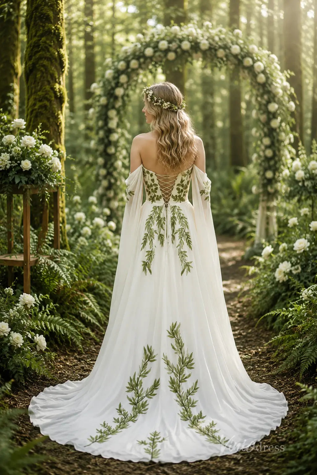 Ivory Chiffon Wedding Dress with Green Leaf Appliqués, Draped Off-Shoulder Sleeves & Sweetheart Neckline – FW283-wedding dresses 2026-Viniodress-Meadow Green-Custom Size – Add Measurements in Cart-