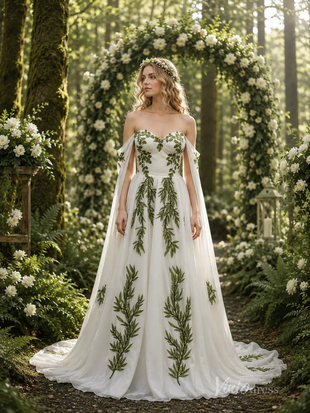 Ivory Chiffon Wedding Dress with Green Leaf Appliqués, Draped Off-Shoulder Sleeves & Sweetheart Neckline – FW283-wedding dresses 2026-Viniodress-Meadow Green-Custom Size – Add Measurements in Cart-