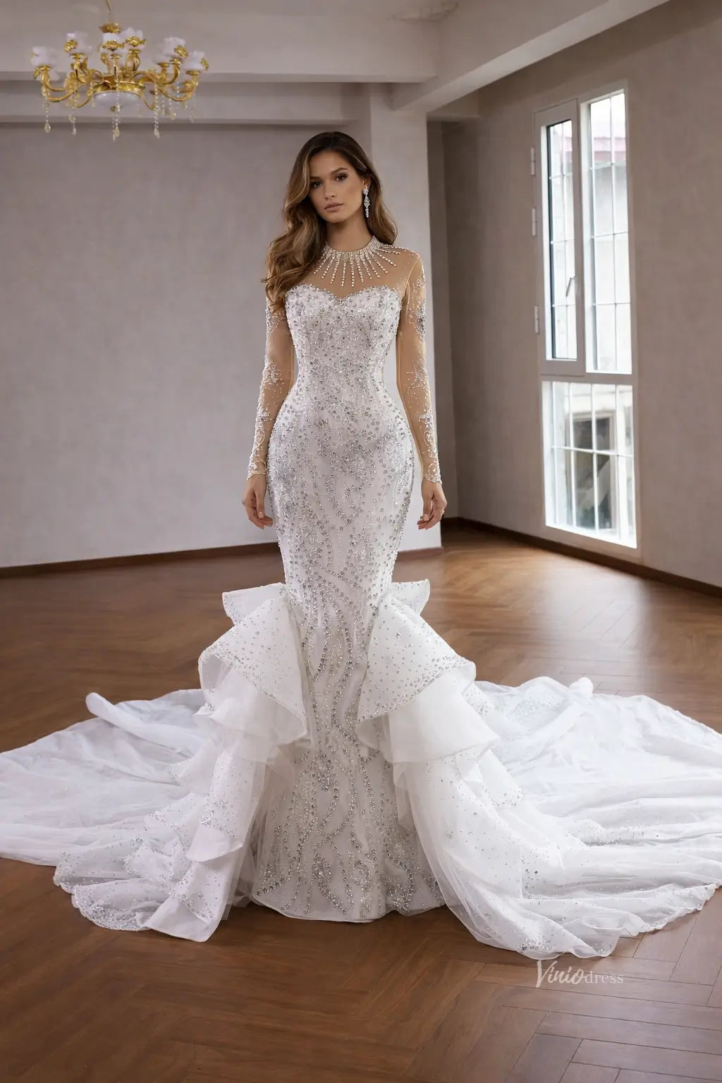 Ivory Couture Beaded Mermaid Wedding Dress with Illusion High Neck, Long Sleeves & Ruffle Skirt – 251152-wedding dresses 2026-Viniodress-Ivory-Custom Size – Add Measurements in Cart-