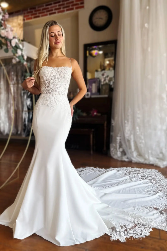 Ivory Crepe Mermaid Wedding Dress with Floral Lace Bodice & Scalloped Lace Chapel Train – ML156