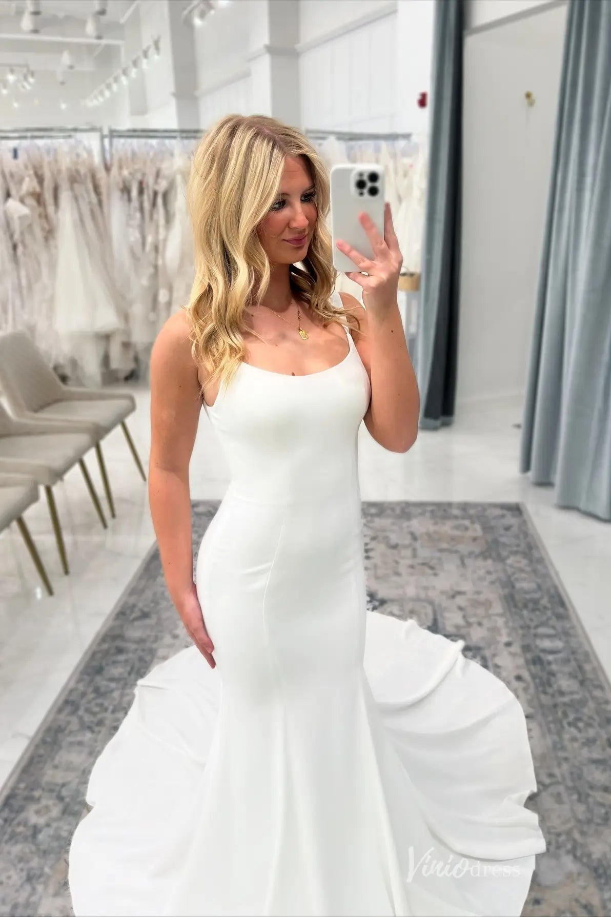 Ivory Crepe Mermaid Wedding Dress with Scoop Neckline, Wide Straps & Chapel Train – MN149