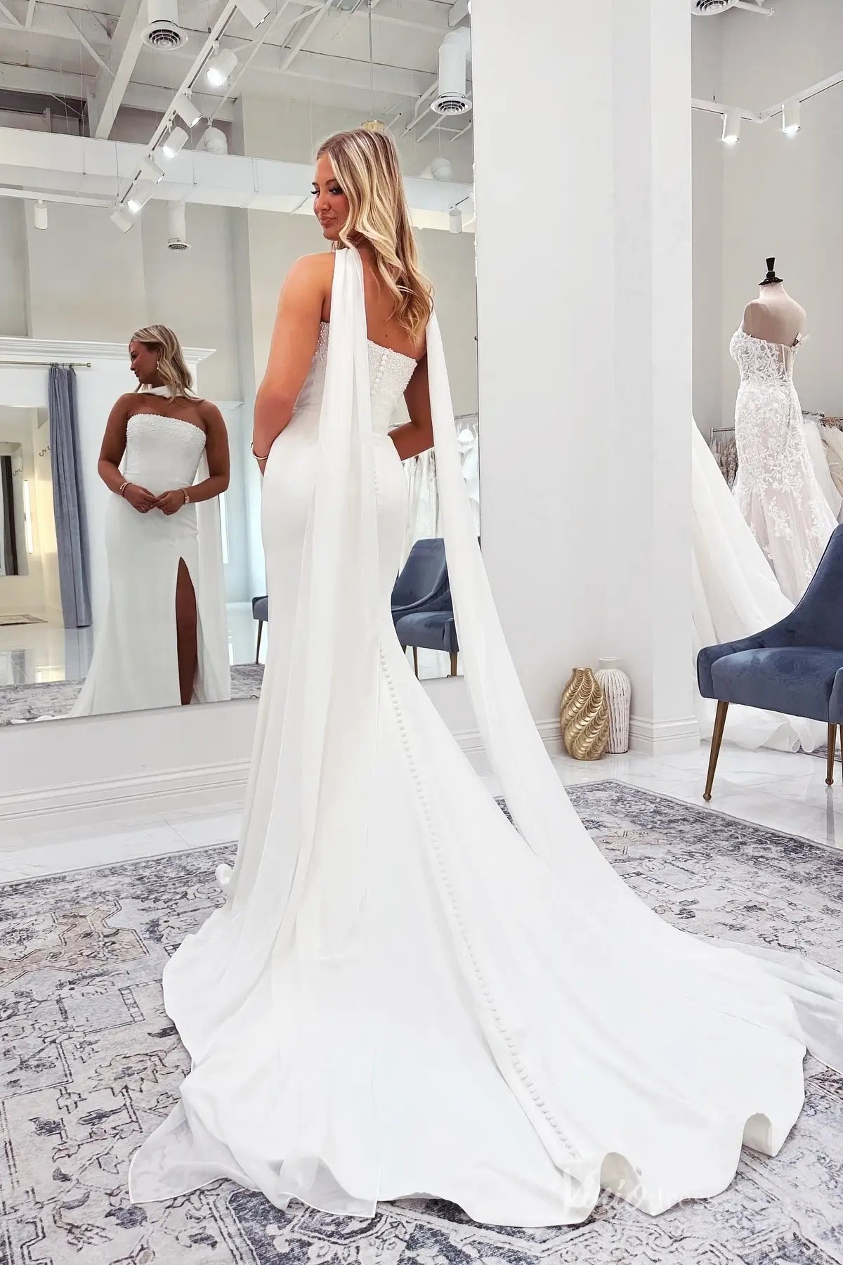Ivory Crepe Mermaid Wedding Dress with Strapless Embellished Bodice, Chiffon Shoulder Drapes, High Slit – MN147