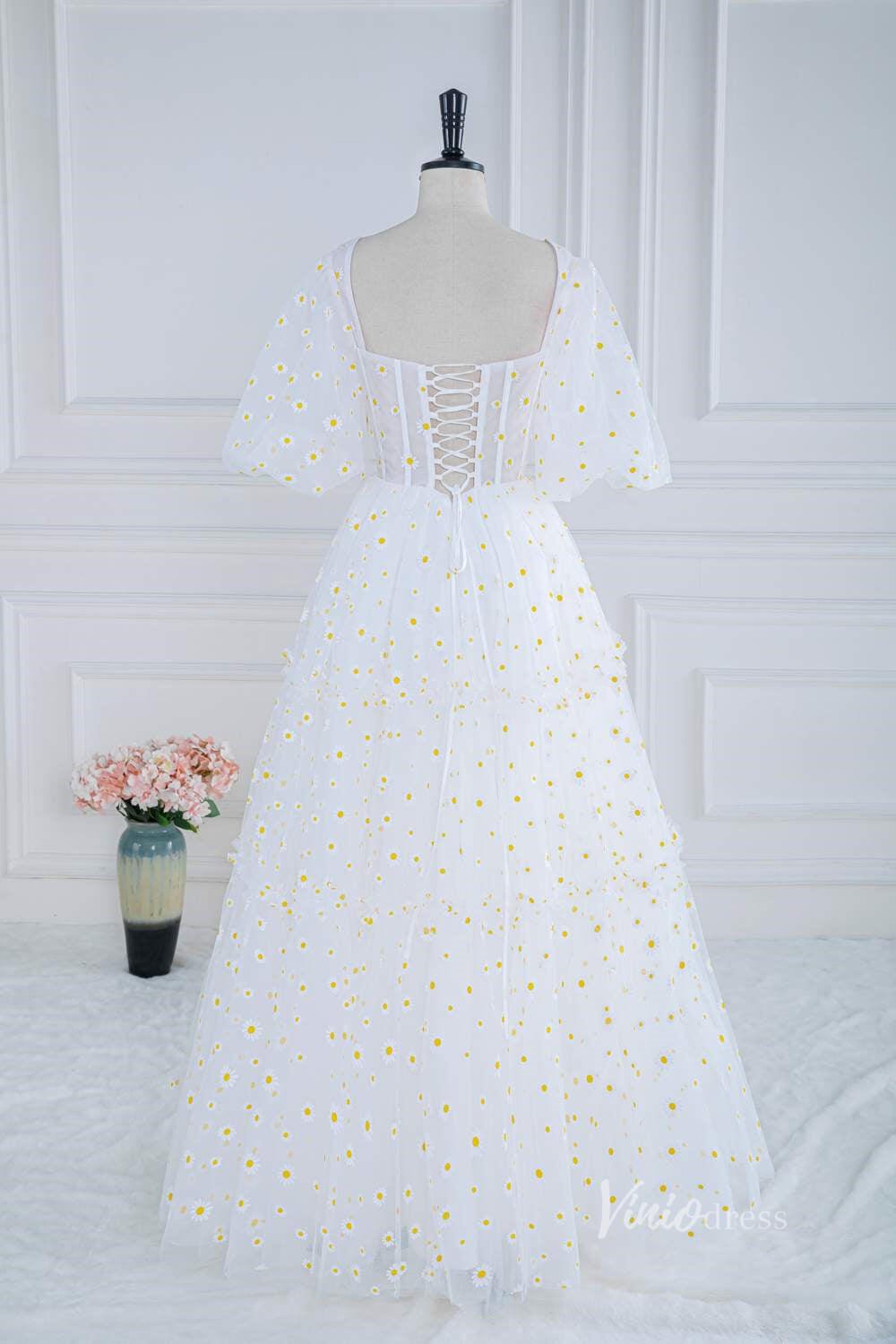 Ivory Daisy Prom Dresses Sheer Boned Bodice Half Sleeve FD4014-prom dresses 2025 -Viniodress-Ivory-Custom Size-