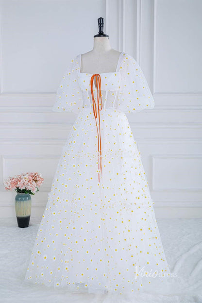 Ivory Daisy Prom Dresses Sheer Boned Bodice Half Sleeve FD4014-prom dresses 2025 -Viniodress-Ivory-Custom Size-