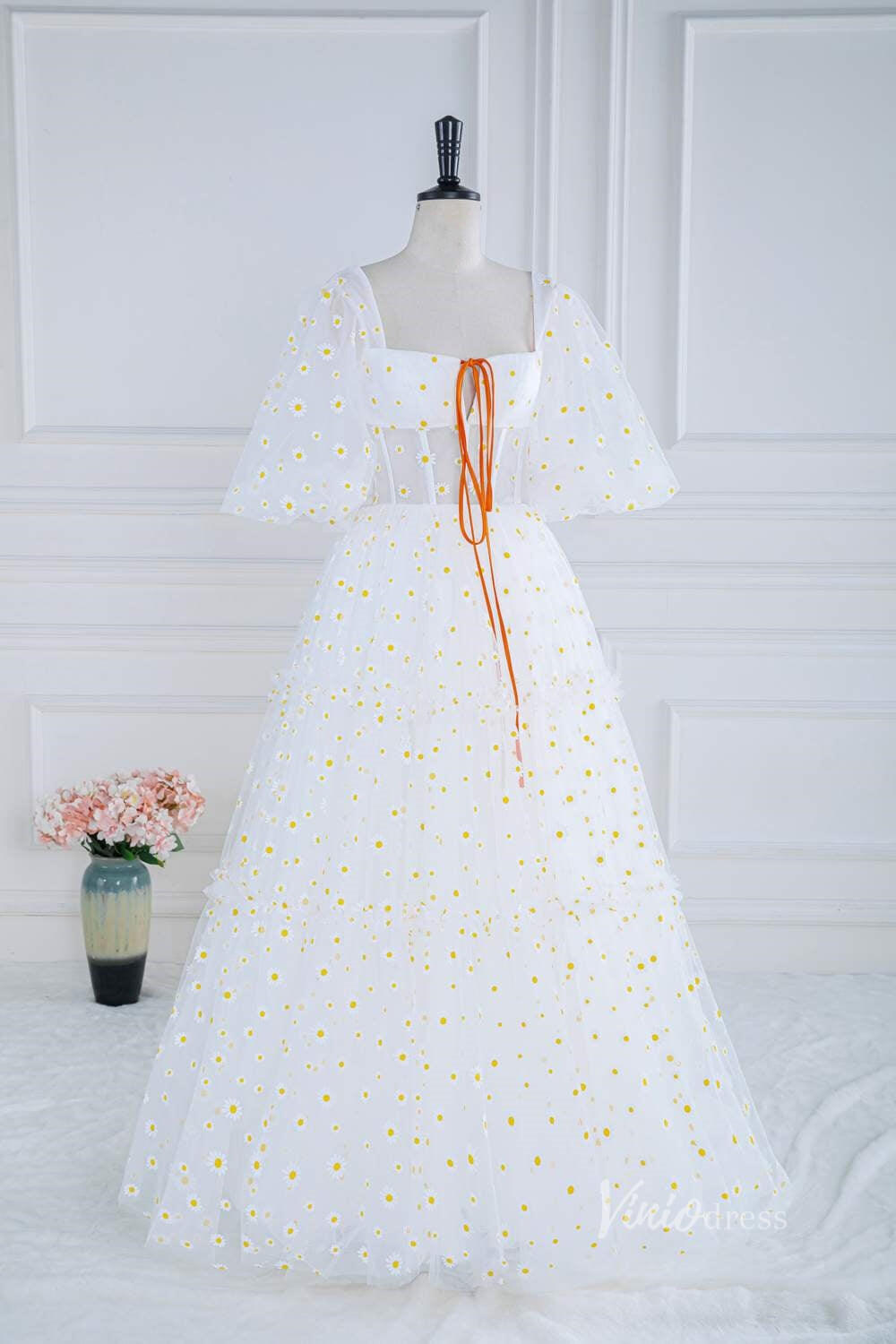 Ivory Daisy Prom Dresses Sheer Boned Bodice Half Sleeve FD4014-prom dresses-Viniodress-Viniodress