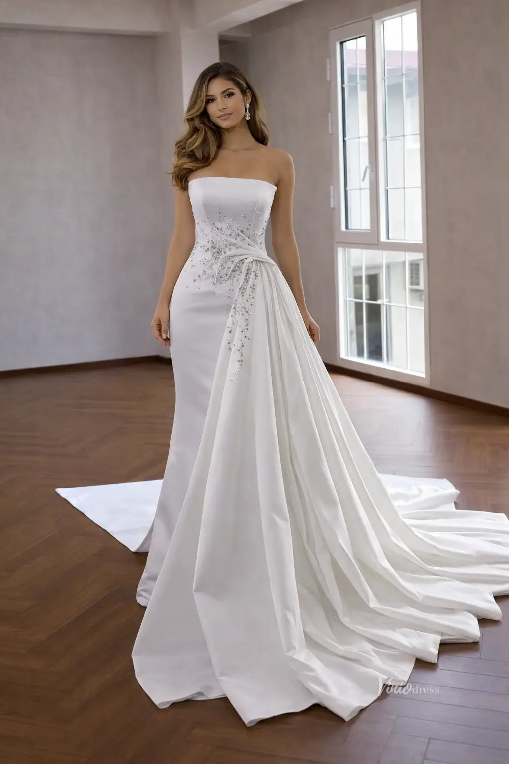 Ivory Elegant Strapless Satin Wedding Dress with Pearl Beading and Draped Overskirt – 261021-wedding dresses 2026-Viniodress-Ivory-Custom Size – Add Measurements in Cart-