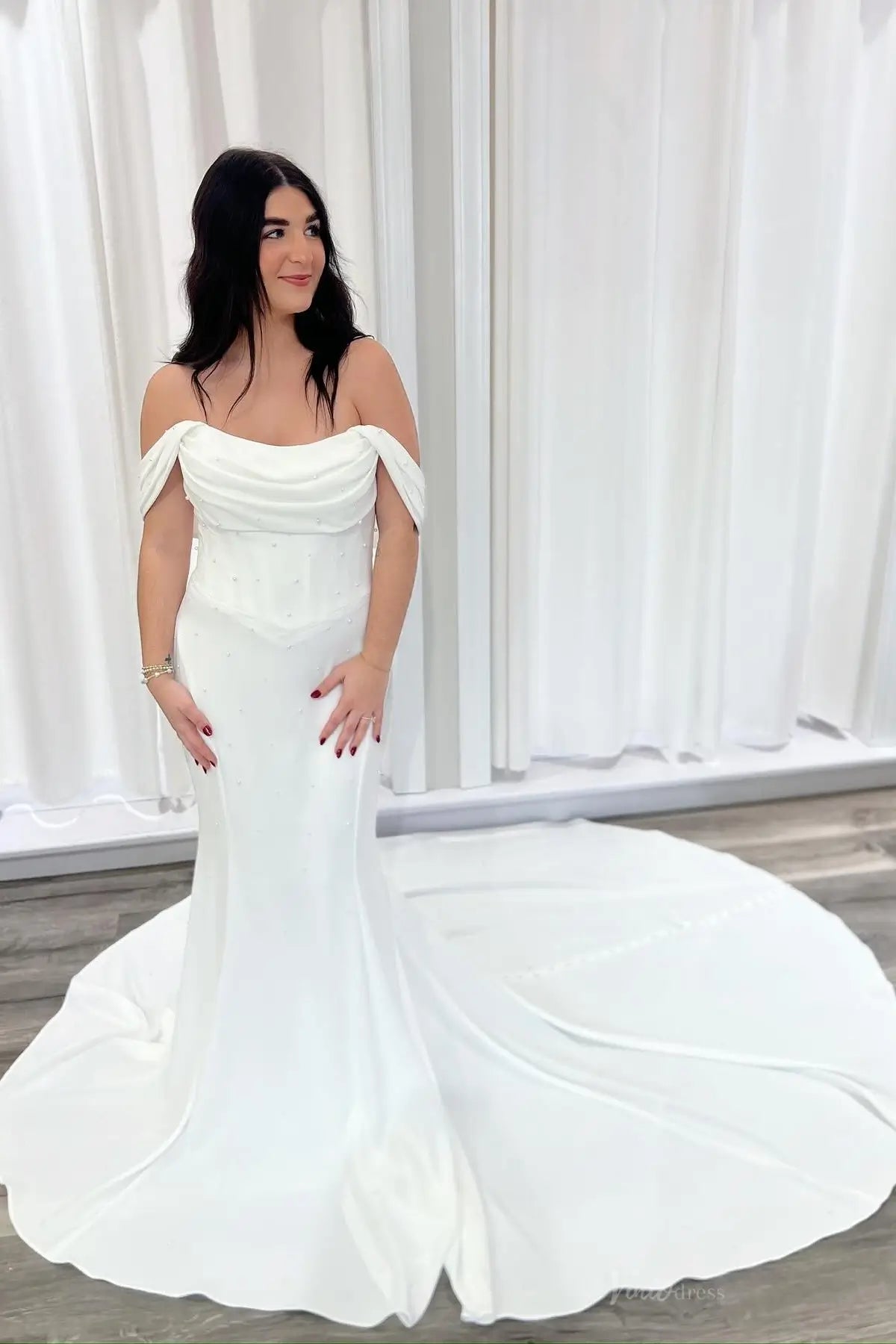 Ivory Fit & Flare Wedding Dress, Pearl Beading, Chapel Train MN160 Viniodress Ivory Fit & Flare Wedding Dress, Pearl Beading, Chapel Train MN160 Viniodress