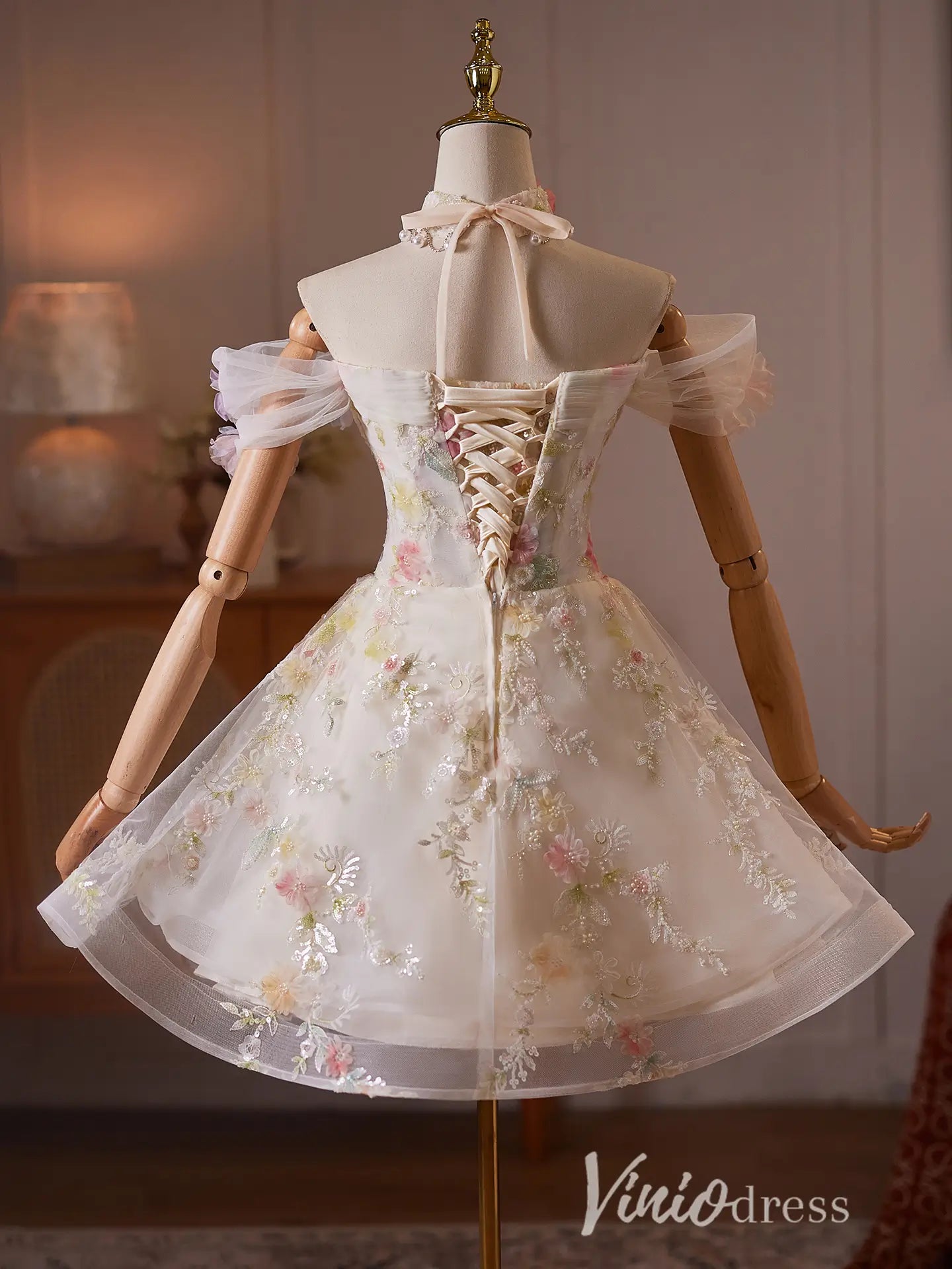 Ivory Floral Appliqué Off Shoulder Homecoming Dress with 3D Flowers & Choker Neck - BJ114-Homecoming Dresses 2026-Viniodress-Ivory-US 0-