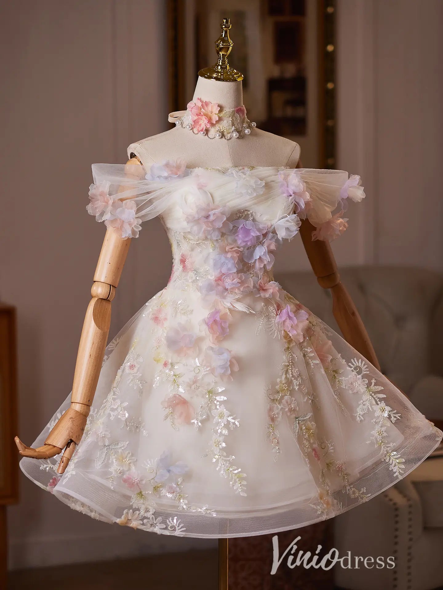 Ivory Floral Appliqué Off Shoulder Homecoming Dress with 3D Flowers & Choker Neck - BJ114-Homecoming Dresses 2026-Viniodress-Ivory-US 0-