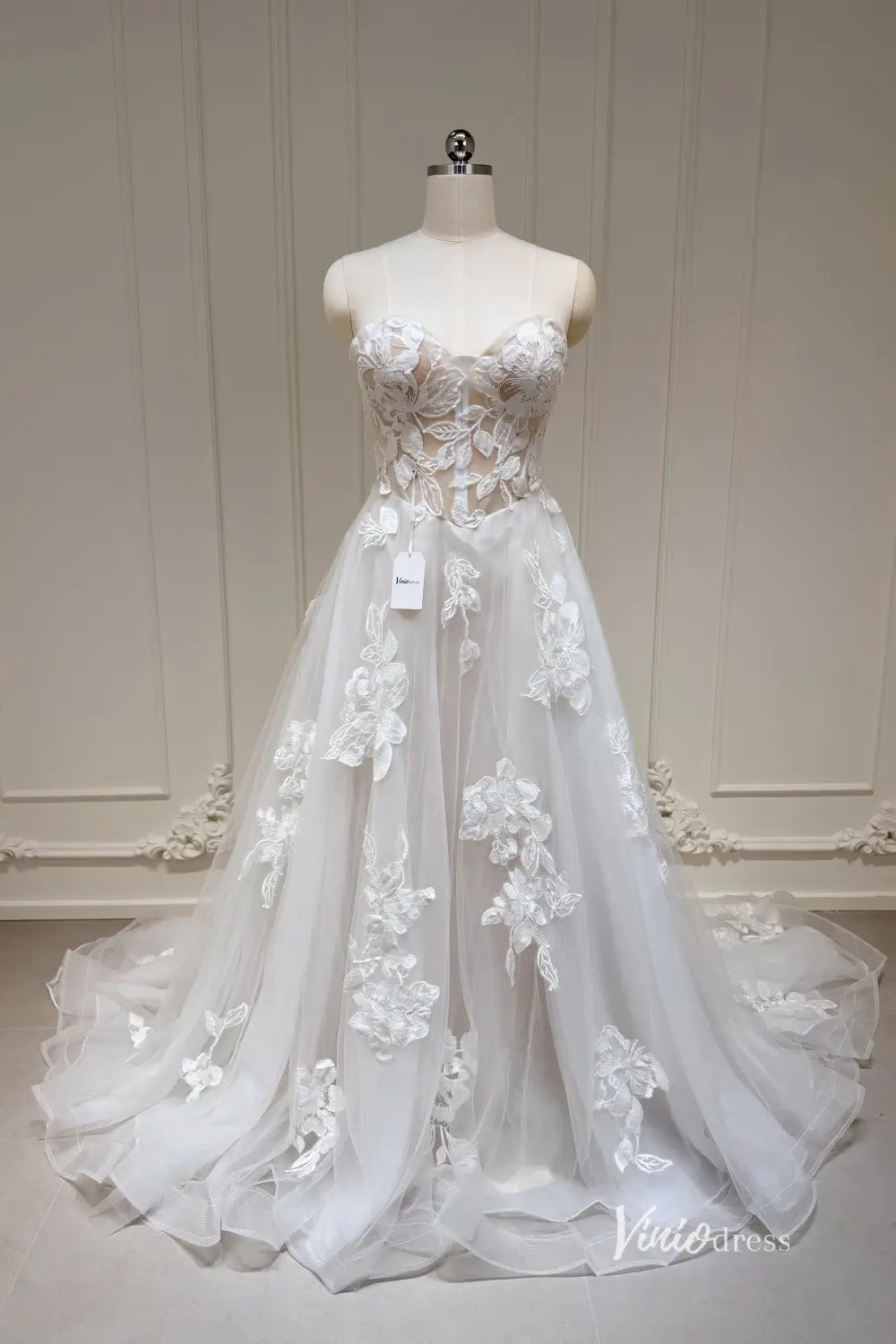 Ivory Floral Appliqué Strapless A-Line Wedding Dress with Sheer Corset Bodice and Chapel Train – LA127-wedding dresses 2025 -Viniodress-Ivory-Custom Size-