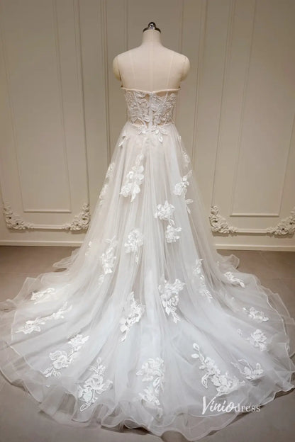 Ivory Floral Appliqué Strapless A-Line Wedding Dress with Sheer Corset Bodice and Chapel Train – LA127-wedding dresses 2025 -Viniodress-Ivory-Custom Size-