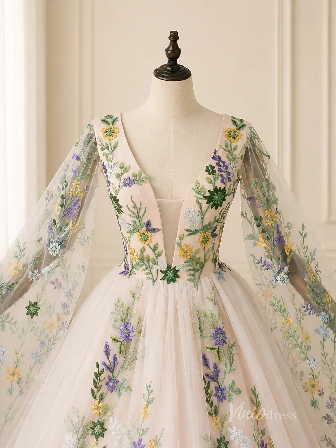 Ivory Floral Embroidered Ball Gown Wedding Dress with Plunging V Neck, Cape Sleeves & Chapel Train - FW271-wedding dresses 2026-Viniodress-Ivory-Custom Size – Add Measurements in Cart-