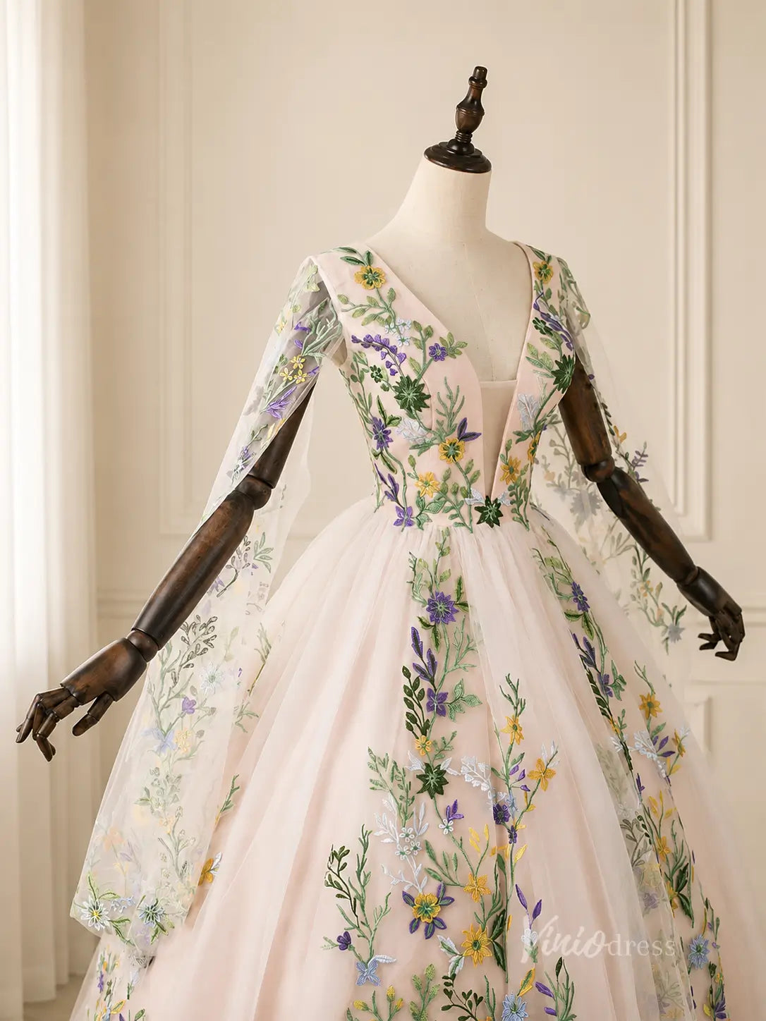 Ivory Floral Embroidered Ball Gown Wedding Dress with Plunging V Neck, Cape Sleeves & Chapel Train - FW271-wedding dresses 2026-Viniodress-Ivory-Custom Size – Add Measurements in Cart-