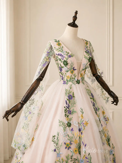 Ivory Floral Embroidered Ball Gown Wedding Dress with Plunging V Neck, Cape Sleeves & Chapel Train - FW271-wedding dresses 2026-Viniodress-Ivory-Custom Size – Add Measurements in Cart-